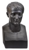 A blackened plaster head of Napoleon, integral squared base, height 21”. Good Condition Plate 6