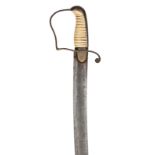 A 1796 light cavalry type officer’s sword, slightly curved, fullered blade 32½”, brass stirrup