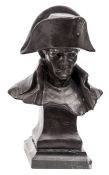A bronzed bust of Napoleon,  with high collar and bicorne hat on integral plinth, signed on the back