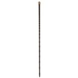 A silver topped simulated darkened malacca walking cane, bun shaped top, scroll engraved and with