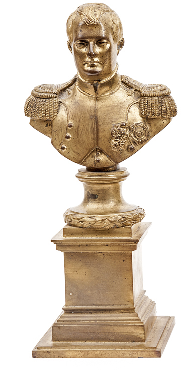A cast brass bust of Napoleon,  in full dress without headdress, on integral round base, and