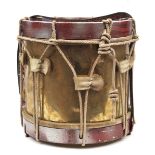 A brass sidedrum, wooden rims, with cords and tensioners, stamped with Vic R Arms and name “George
