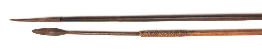 A short stabbing spear, small leaf shaped blade with long socket to haft with plaited leather