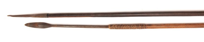 A short stabbing spear, small leaf shaped blade with long socket to haft with plaited leather