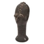 A  black terracotta head from Ghana, height 11½”, with long ribbed neck, protruding eyes, nose and