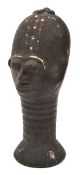 A  black terracotta head from Ghana, height 11½”, with long ribbed neck, protruding eyes, nose and