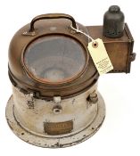 A small compass binnacle,  brass top with handle, viewing panel and extension which houses a small