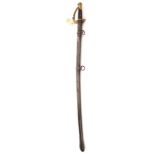 A continental cavalry sword,  curved fullered blade 31”, (shortened and replated) French style brass