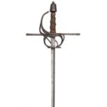 A good 19th century copy of an early 17th century rapier, diamond section blade 38½”, looped iron