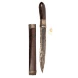 A Burmese dagger dha,  shallow fullered blade 7½”, darkwood hilt and sheath with lightly beaded