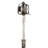 A mid 18th century broadsword, straight SE blade 33½”, with twin back fullers, pierced panelled half