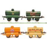 4 Hornby Series O gauge tank wagons. Pratts Sealed High Test in orange, Pratts Motor Spirit in