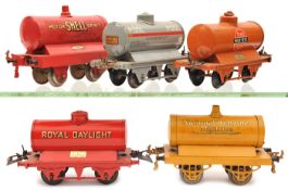 5 Hornby Series O gauge tank wagons. POOL in light grey, Royal Daylight in red, Pratts Sealed High
