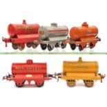 5 Hornby Series O gauge tank wagons. POOL in light grey, Royal Daylight in red, Pratts Sealed High