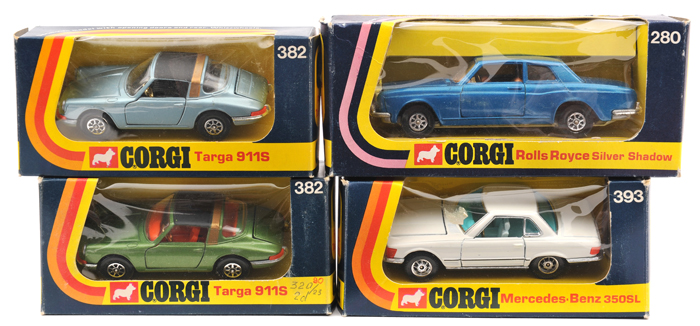 4 Corgi Whizzwheels. 2x Porsche Targa 911S (382). In metallic green with red interior and another in
