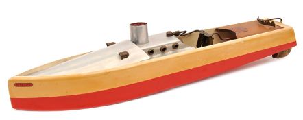 A live steam Bowman Models wooden hulled launch “SNIPE”. 60cm overall in red and white lacquered
