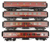 4 Exley O gauge LMS corridor coaches. A composite sleeping car, RN 725. A 1st class Restaurant Car