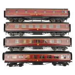 4 Exley O gauge LMS corridor coaches. A composite sleeping car, RN 725. A 1st class Restaurant Car