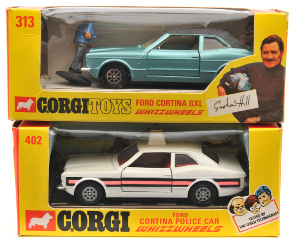 2 Corgi Whizzwheels. Ford Cortina GXL “Graham Hill” (313). Example in light metallic blue with black