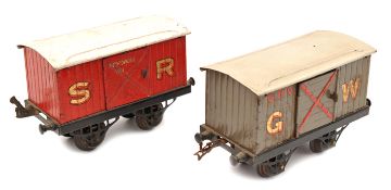 2 Hornby Series O gauge GW/SR Gunpowder vans. GW in grey with red cross to hinged door, “G.P.V.”