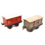 2 Hornby Series O gauge GW/SR Gunpowder vans. GW in grey with red cross to hinged door, “G.P.V.”