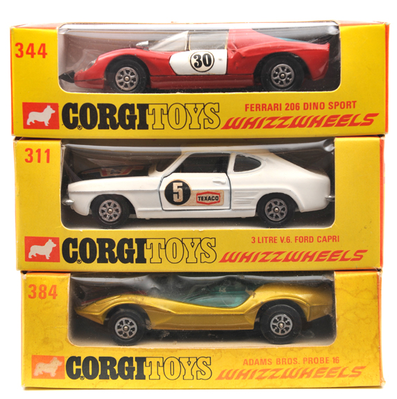 3 Corgi Whizzwheels. 3-Litre V6 Ford Capri (311). In white with black bonnet and red/black