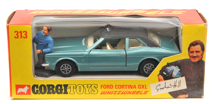 Corgi Whizzwheels Ford Cortina GXL Graham Hill (313). Example in light metallic blue with black roof