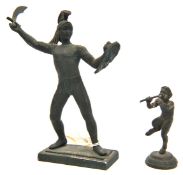 A cast bronzed brass figure of an ancient Greek warrior, brandishing sword and shield, 7”, and a