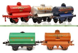 5 Hornby Series O gauge tank wagons. National Benzole Mixture in metallic silver, Redline Super