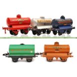 5 Hornby Series O gauge tank wagons. National Benzole Mixture in metallic silver, Redline Super