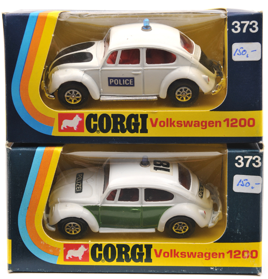 2 Corgi Whizzwheels Volkswagen 1200 Beetle (373). Both Police examples, German “Polizei” example