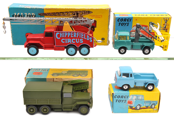 4 Corgi Toys. 2 Major Toys – International 6x6 Troop Transporter (1133) in satin olive green. Plus a