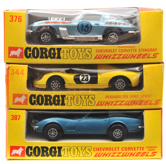 3 Corgi Whizzwheels. Ferrari 206 Dino Sport (344). Example in yellow with black doors, RN23.