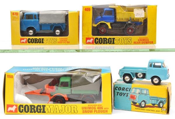 4 Corgi Toys. Unimog 406 with Snow Plough (1150). In green and orange livery, with dark green