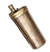 A brass mounted copper 3 way pistol flask, 4½” overall, slightly tapered of oval section, with screw
