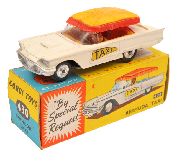 Corgi Toys Ford Thunderbird Bermuda TAXI (430). In white with yellow interior, red fringed yellow