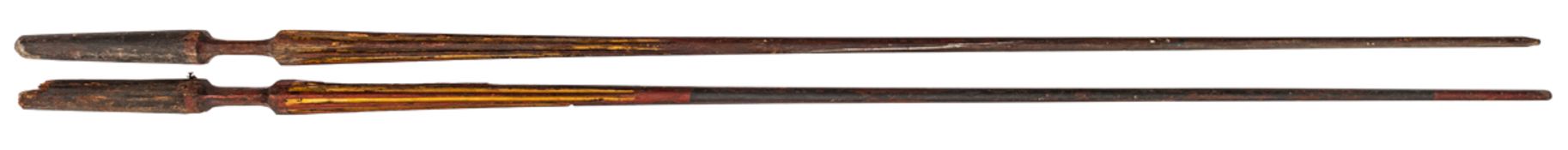 A pair of 16th Century Jousting lances, 137” and 136” in length, with 8 flutes to shafts which