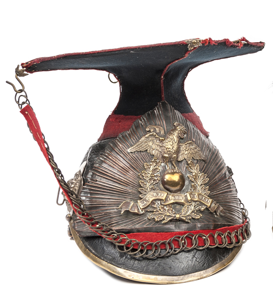 A French officer’s lance cap, c 1848, of the National Guard Lancers,  black patent leather skull and