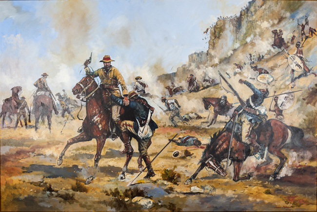 An oil painting on canvas of Lt. Colonel Redvers-Buller rescuing a fellow officer from Zulu Warriors