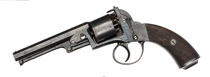 A 6 shot 80 bore self cocking open wedge frame percussion revolver, 10” overall, octagonal barrel