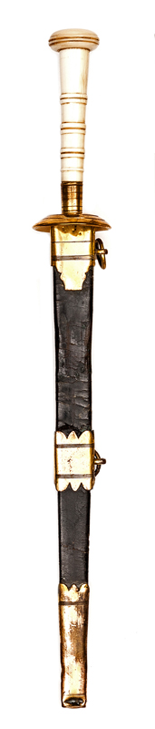 A Georgian naval dirk, straight fullered blade 9”, copper gilt shallow inverted cap guard engraved