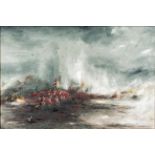 A dramatic oil painting on canvas of a British square at Waterloo by David Cartwright, giving a
