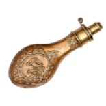 A copper powder flask “3 horseheads” (Riling 1051), brass top marked “G & JW Hawksley, Sheffield”,