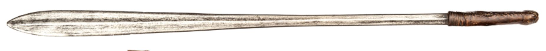 A 19th century Masai shortsword Seme,  slender leaf shaped blade 24½”, with heavy central rib,