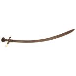 A tulwar,  curved flat blade 30”, shallow fuller, line panel decoration, iron hilt of traditional