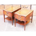 A pair of mahogany tables with tooled leather tops. L71cm W48cm