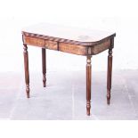 A Regency mahogany tea table with reeded legs. W91cm D45cm H76cm