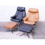 A matched pair of brown/black leather reclining chairs with footstools by Skoghaug Industri Norway