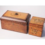 A Gerogian inlaid box. L25cm. Together with another with painted floral designs. H12.5cm