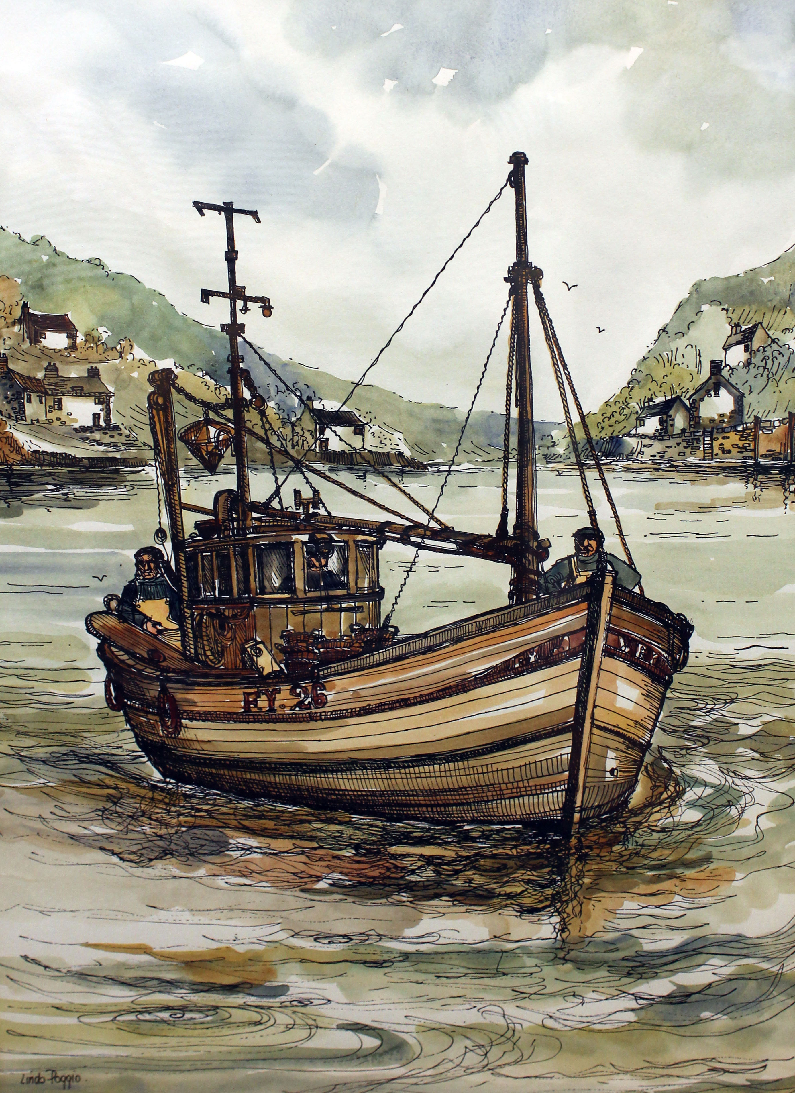 Linda Poggio. Harbour and village scenes. A pair of coloured pen and ink drawings. 28cm x 43cm and